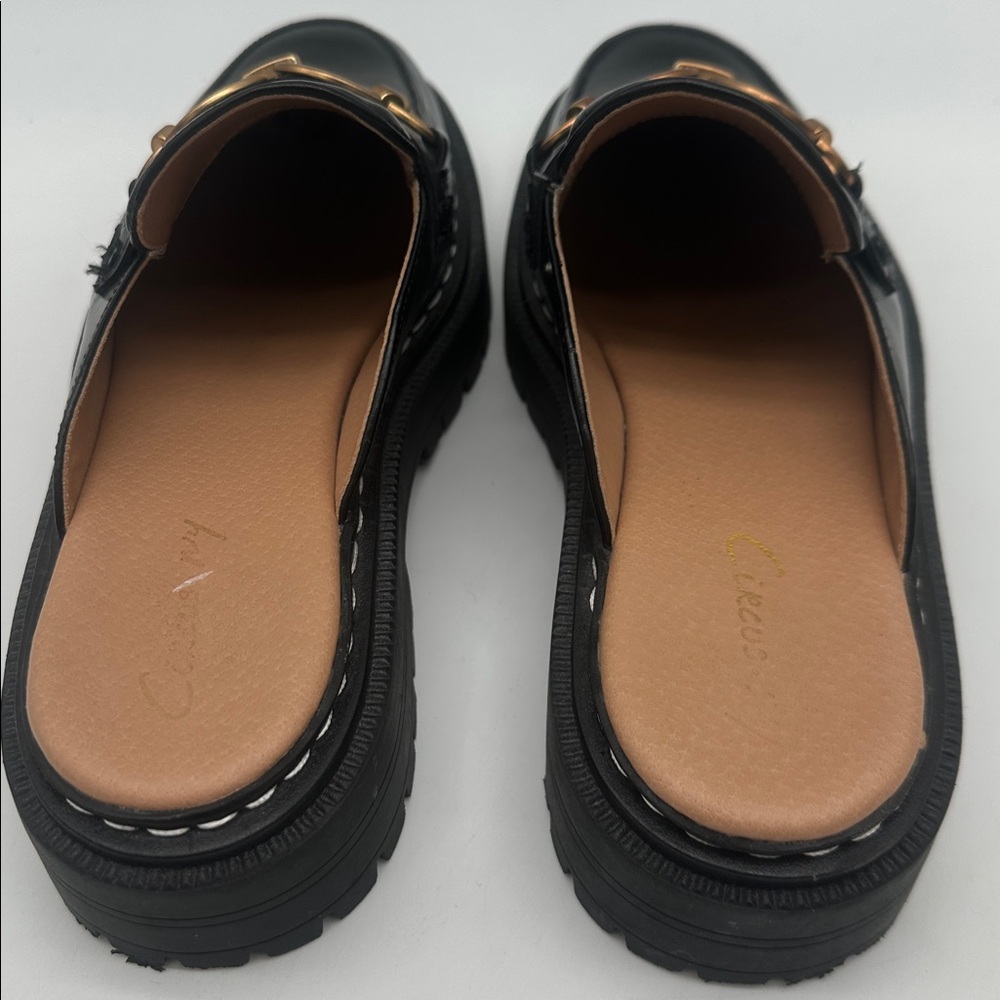 Black Leather Slip-On Mule Loafers with Gold Chain Detail - Picture 12 of 16